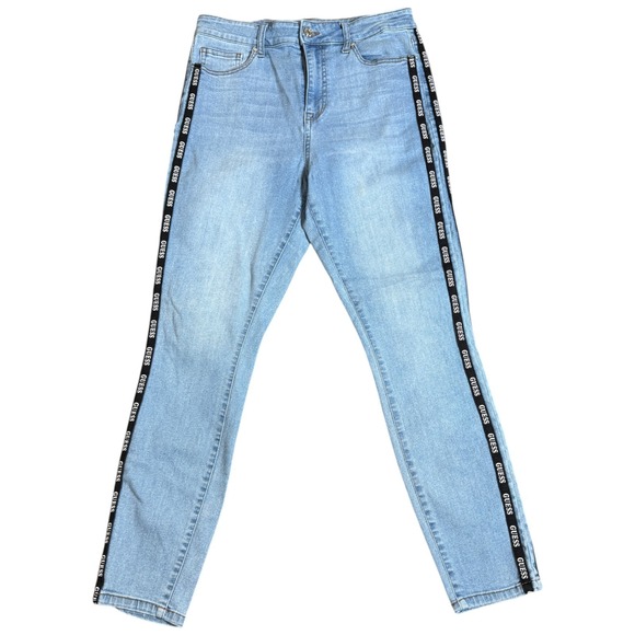 GUESS Women's Skinny Jeans 28x27 Blue Guess Logo Light Wash Distressed Y2K - Picture 1 of 4